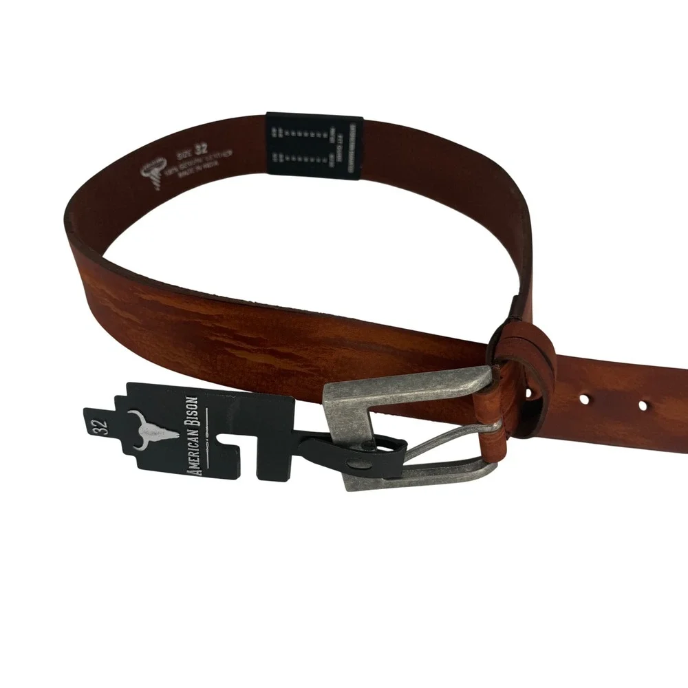 American Bison Cognac Leather Belt Rugged Americana Western Heritage Size 32‎